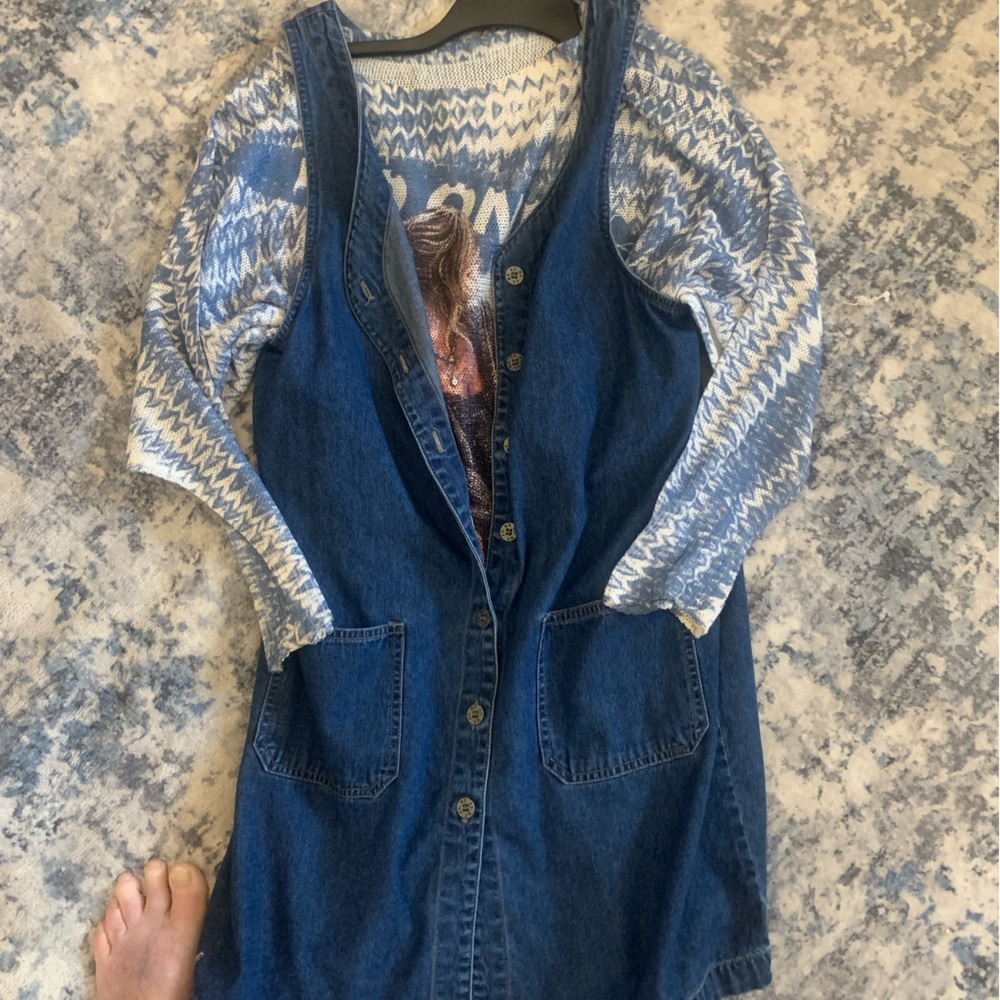 J L Sport NY denim jumper button front tab back cotton distressed denim